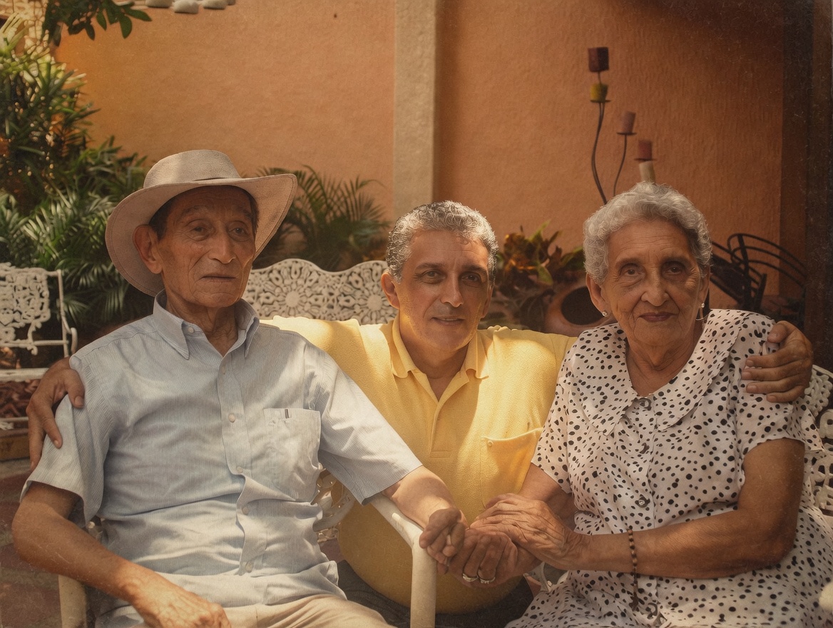 El maestro con sus padres en la casa familiar